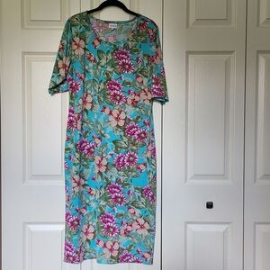 Turquoise Floral Mid-Calf Dress with Wine Pink & Peach Cream Flowers  Size XXL
